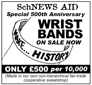 SchNEWS Aid - Special 500th Anniversary - Wrist Bands on sale. Only &pound;500 per 10,000